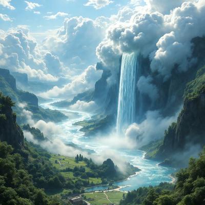 The primary subject of the image is a waterfall, which is located in a lush green valley. The waterfall is surrounded by a beautiful landscape, including a river and a mountain. The setting is a picturesque, natural environment with a serene atmosphere. The visual style of the image is a combination of photo and digital art, creating a realistic yet artistic representation of the scene. The dominant colors in the image are green, blue, and white, reflecting the natural beauty of the landscape.